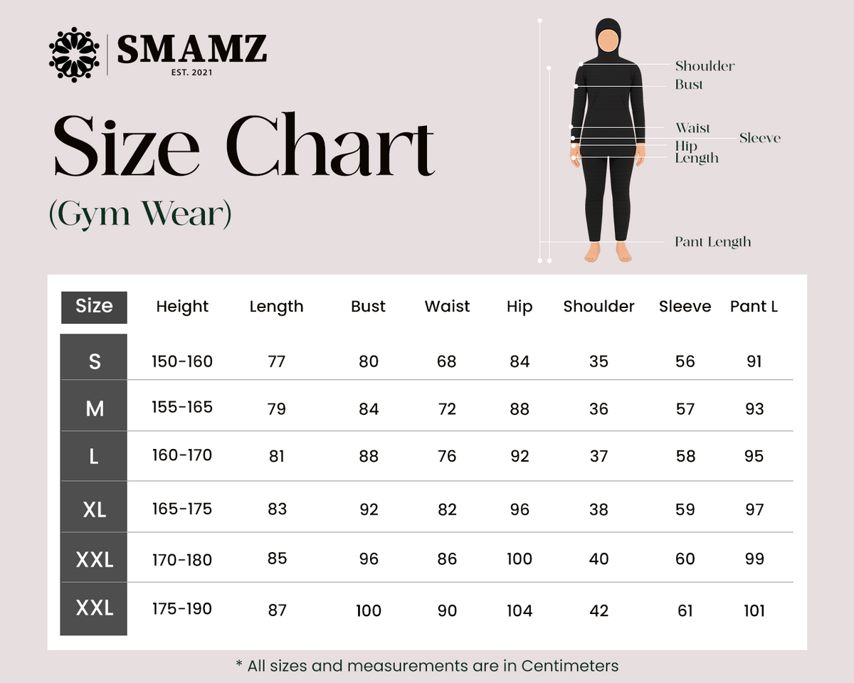 Black & Brown Modest Full-Coverage Swimwear — size chart