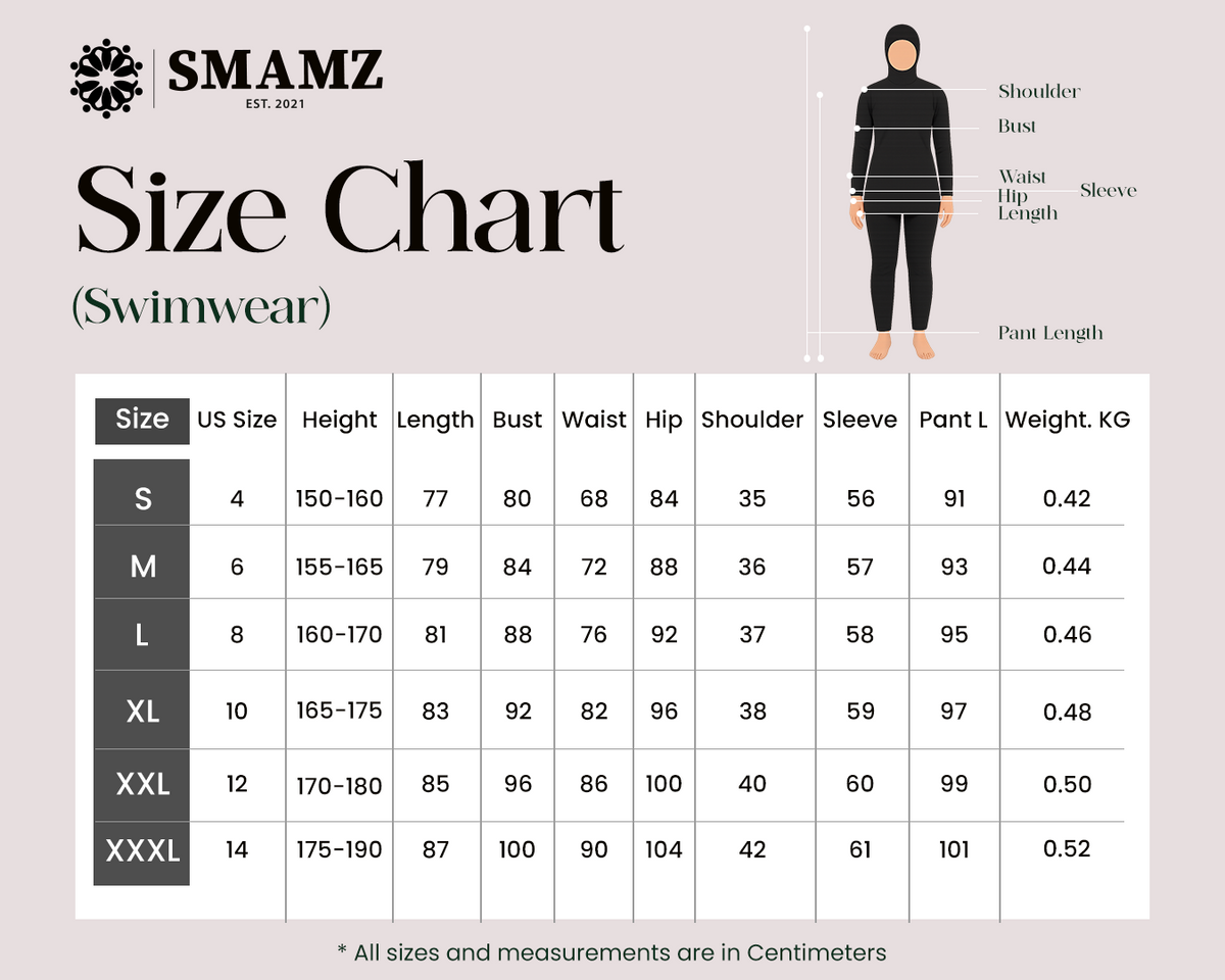 Black & Blue Modest Swimwear — size chart