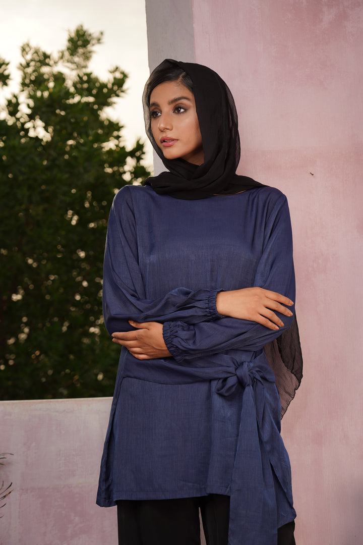 Elegant Sapphire Belted Tunic Dress