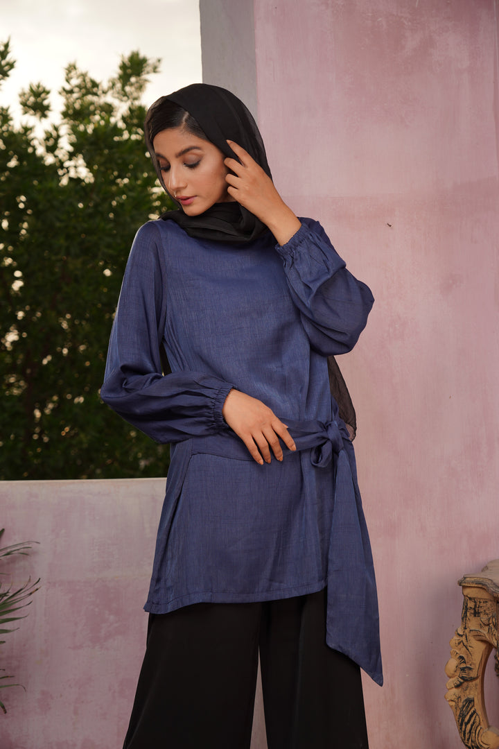Elegant Sapphire Belted Tunic Dress