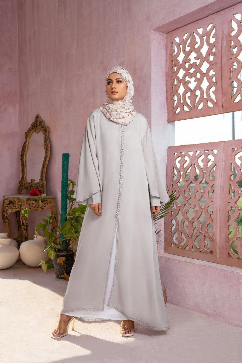 Ivory Buttoned Dress,luxurious satin dress,butterfly sleeves dress,smamz modest formal wear