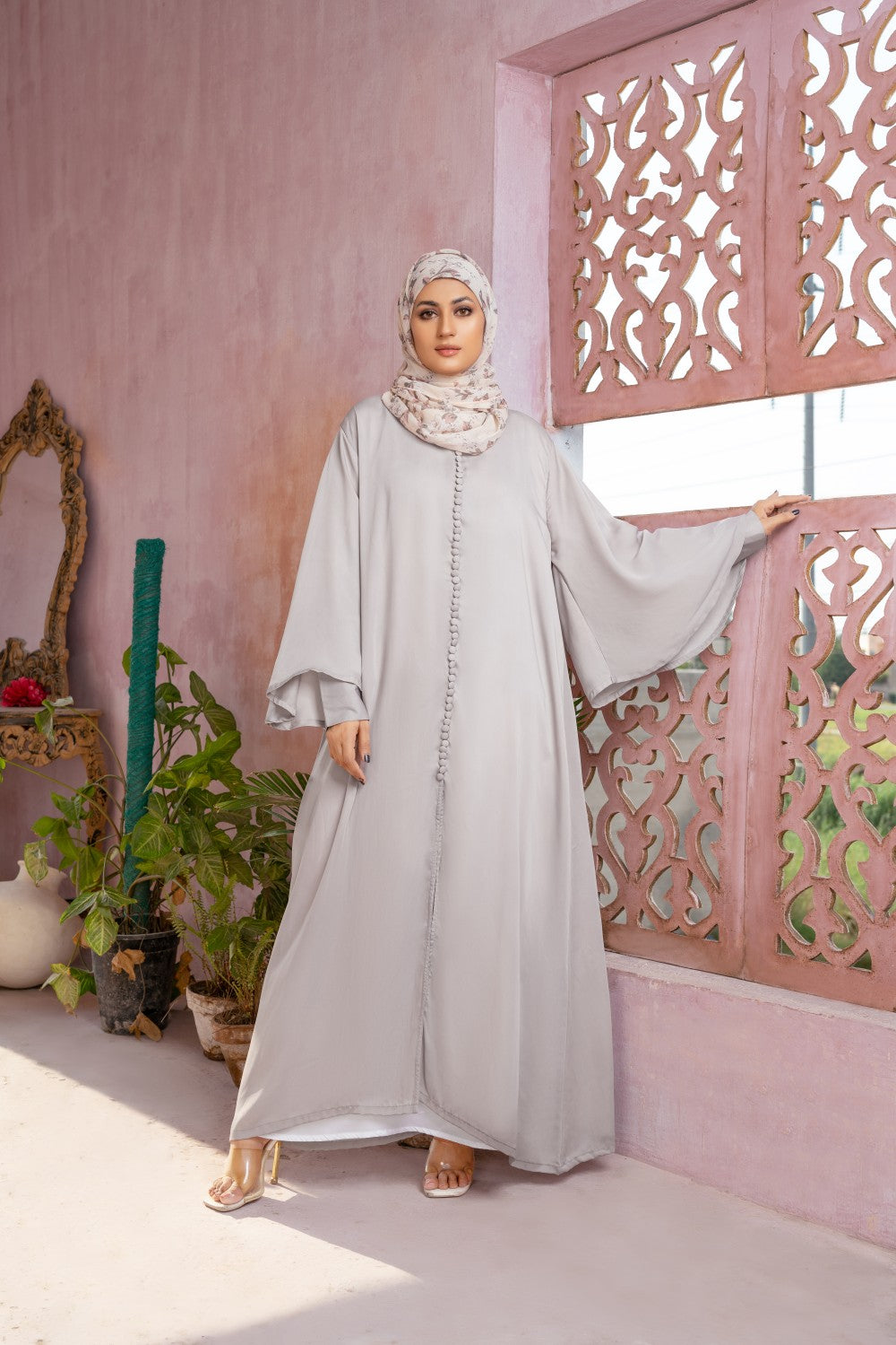 Ivory Buttoned Dress,luxurious satin dress,butterfly sleeves dress,smamz modest formal wear
