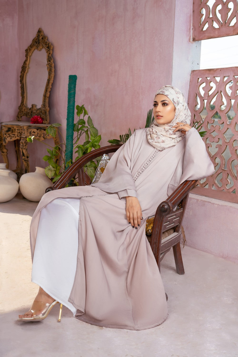 Ivory Buttoned Dress,luxurious satin dress,butterfly sleeves dress,smamz modest formal wear