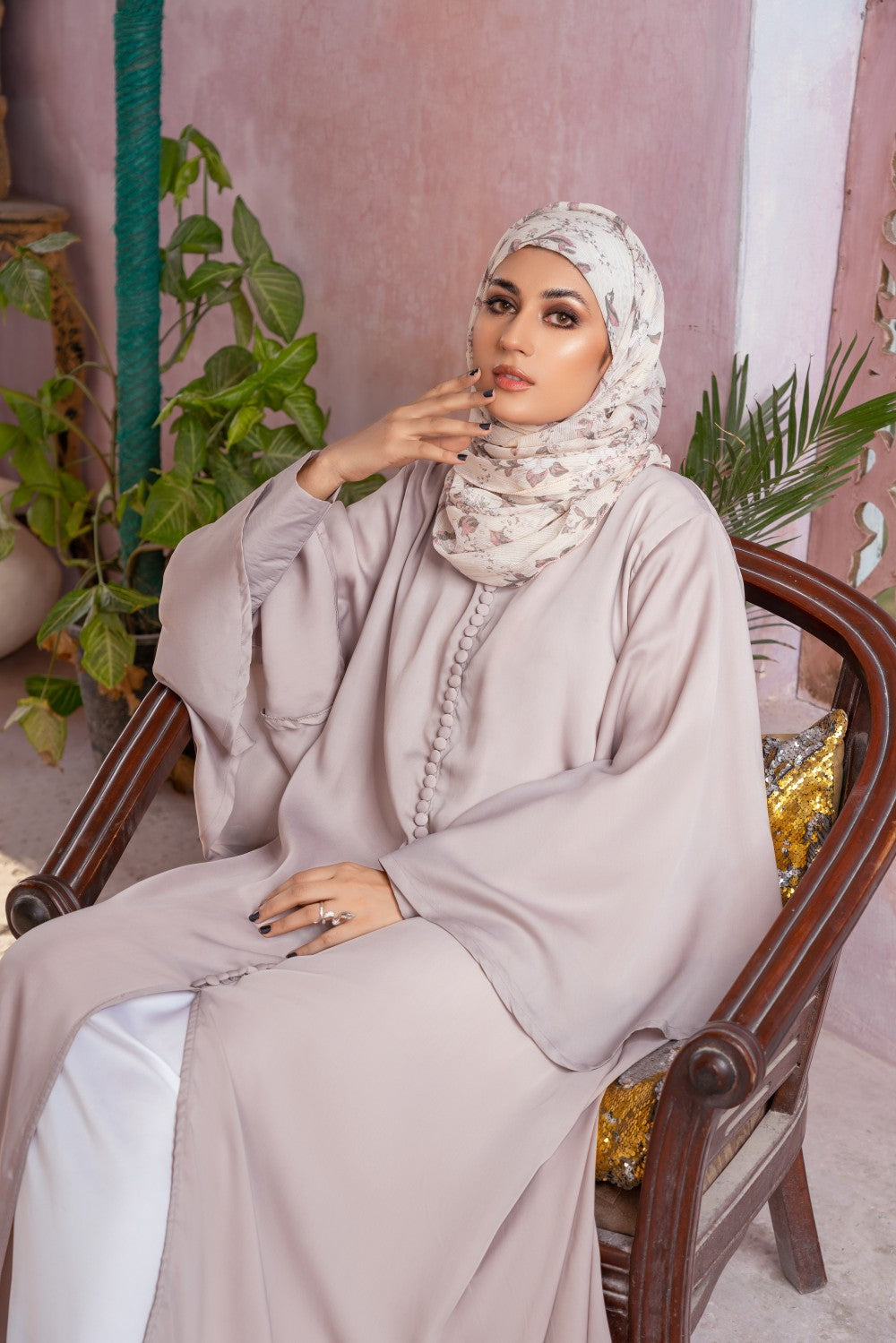 Ivory Buttoned Dress,luxurious satin dress,butterfly sleeves dress,smamz modest formal wear