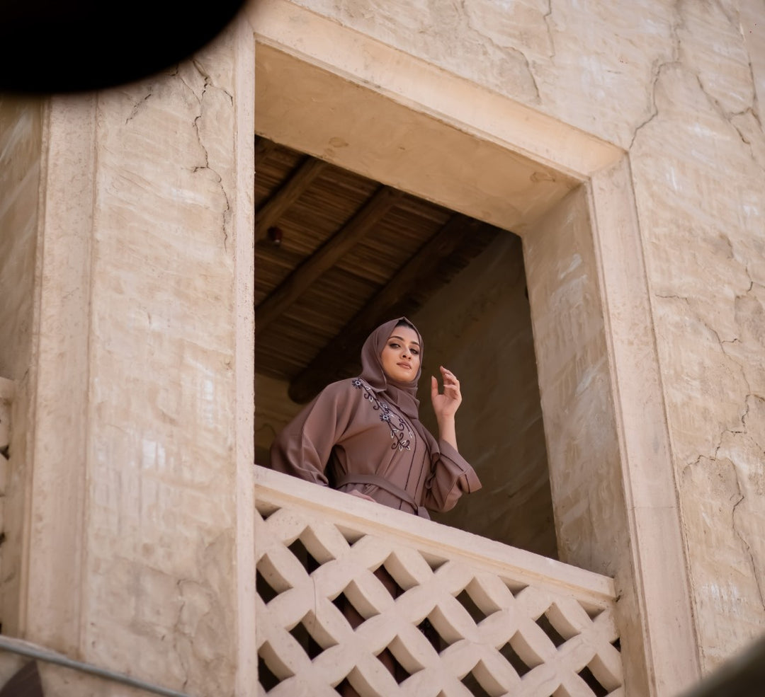 Mocha Beaded Open Abaya Size 56