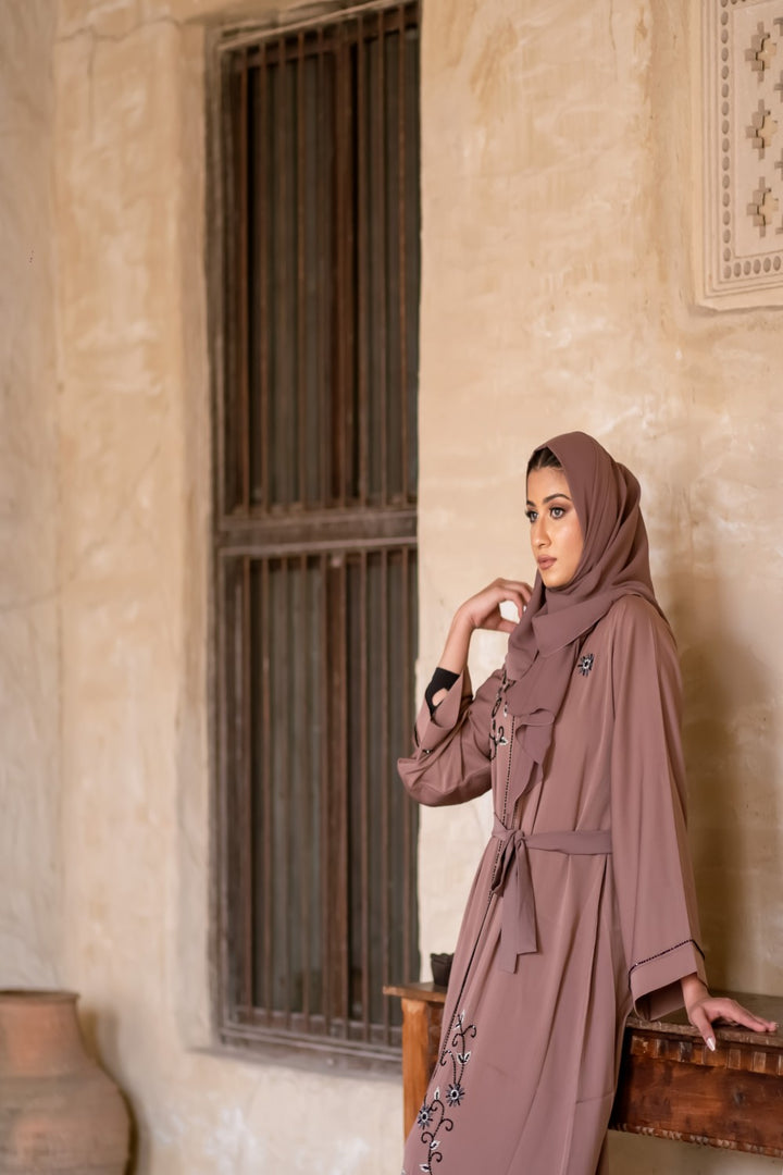 Mocha Beaded Open Abaya Size 54