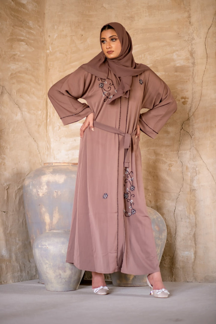 Mocha Beaded Open Abaya Size 50