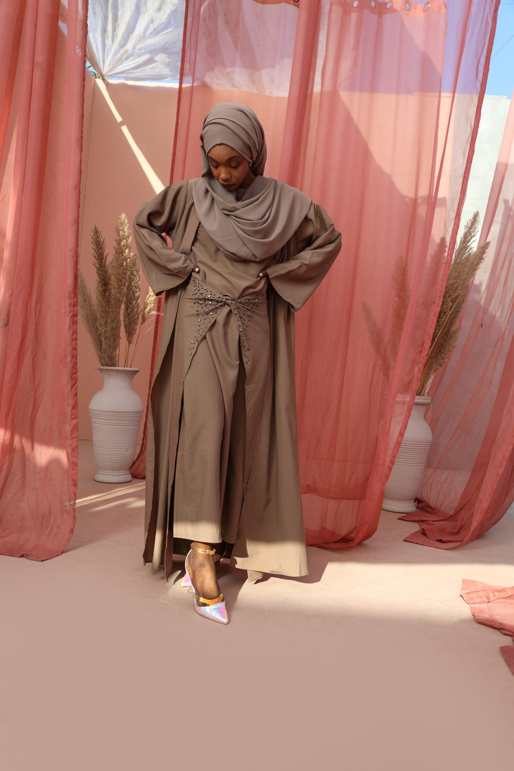 3 Piece Majestic Coffee Dress, Coffee Abaya, Abaya, 3 piece abaya