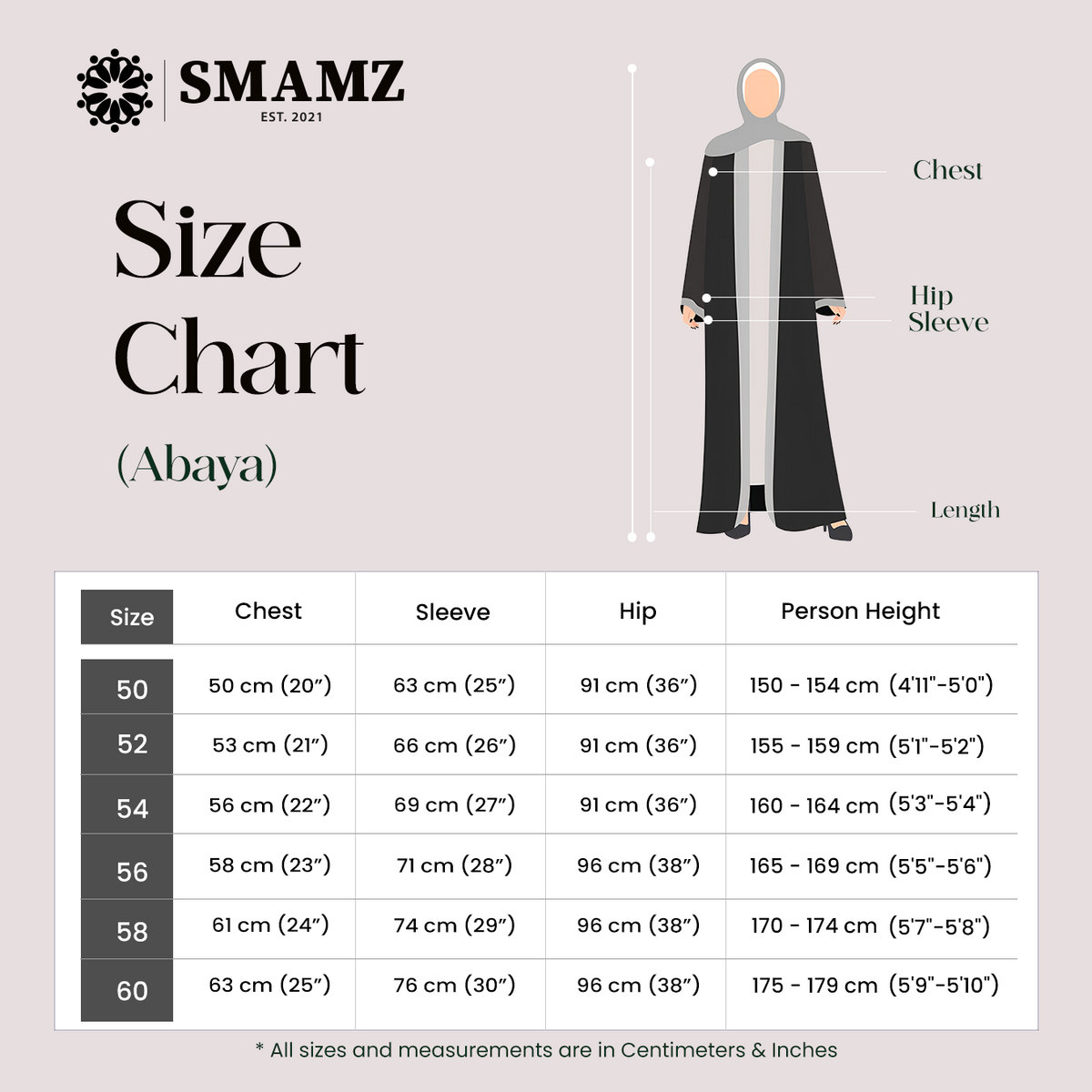Alesya Plain Black Abaya — size chart