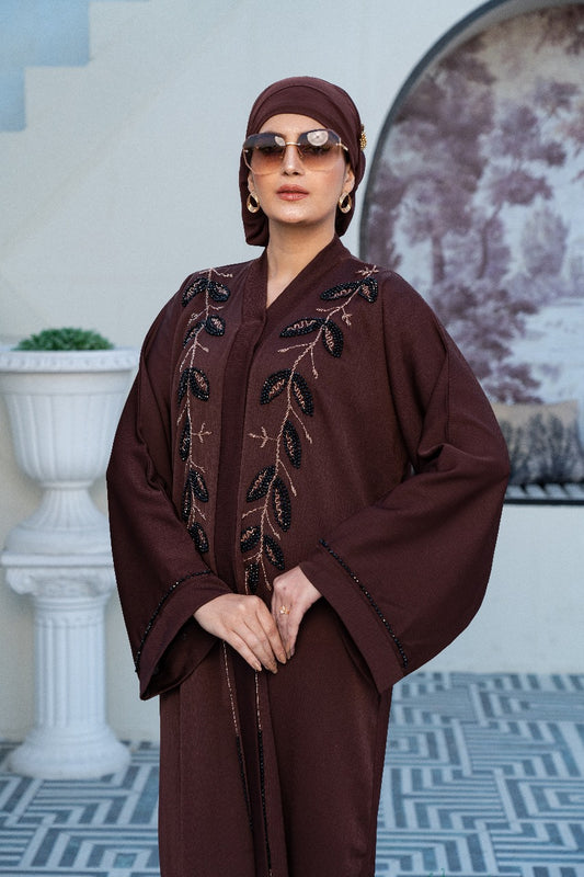 Arsin Brown Embroidered Abaya, Embroidered Abaya, Abaya