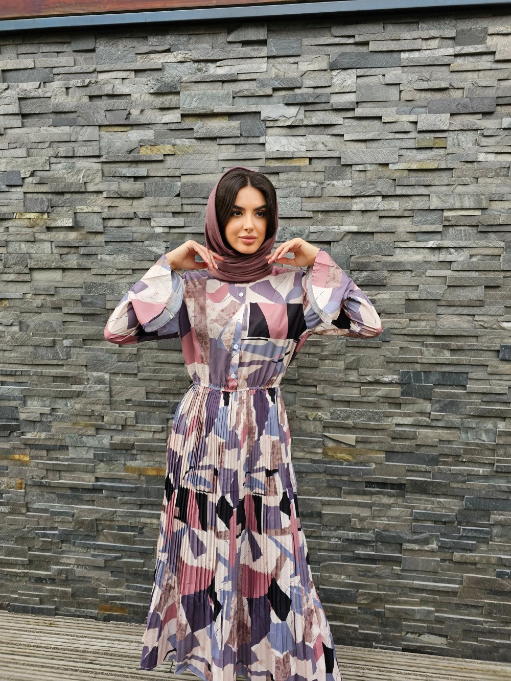 block plated dress,polyester dress,long sleeves,smamz modest formal wear