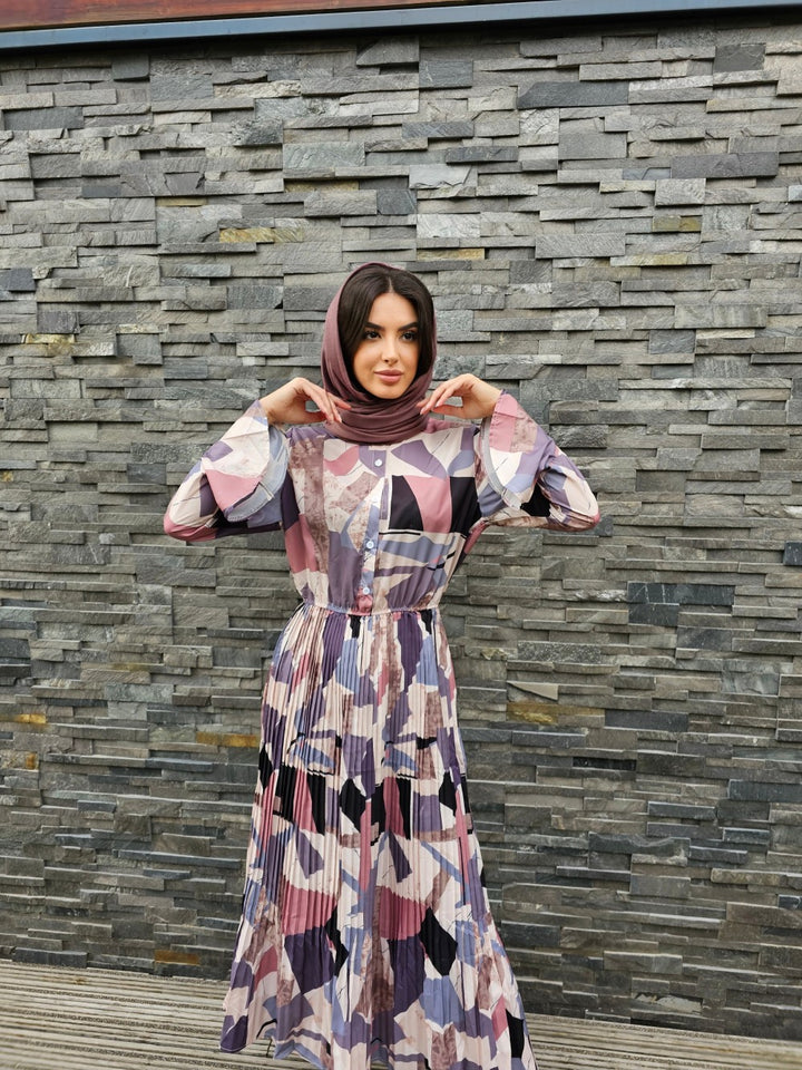 block plated dress,polyester dress,long sleeves,smamz modest formal wear