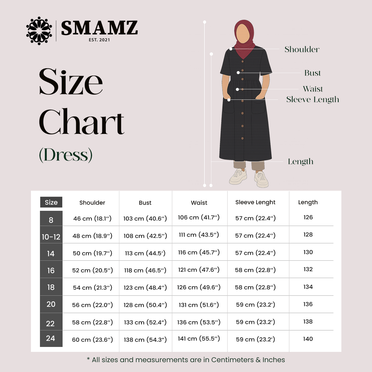 Long Buttoned Dresses — size chart