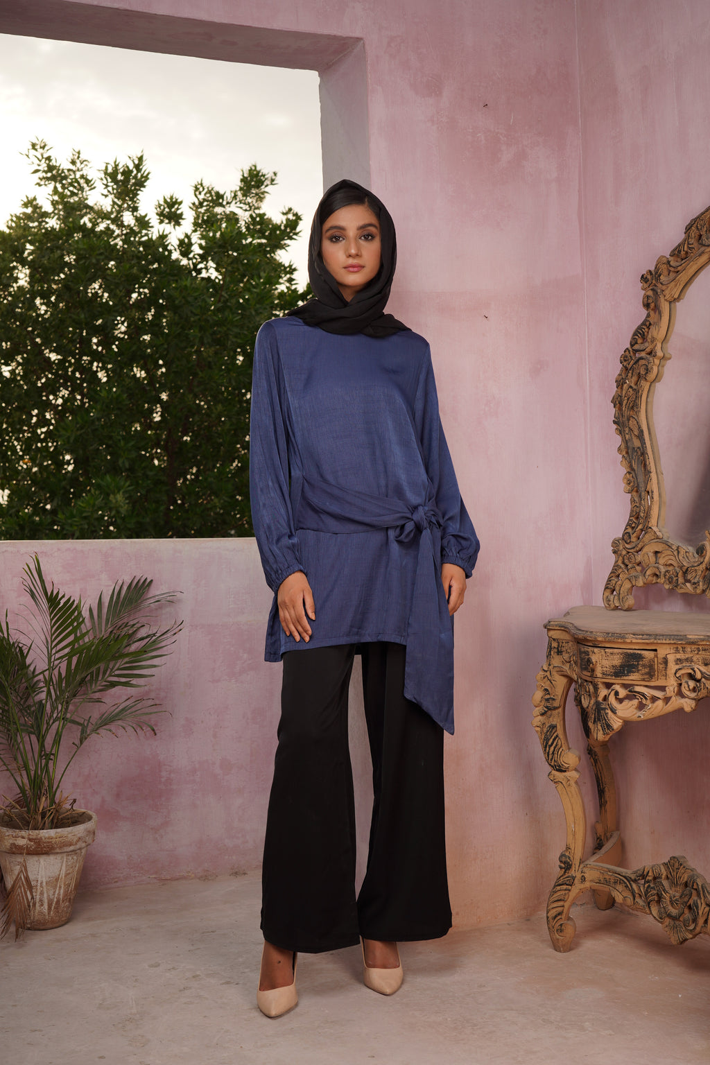 Elegant Sapphire Belted Tunic Dress