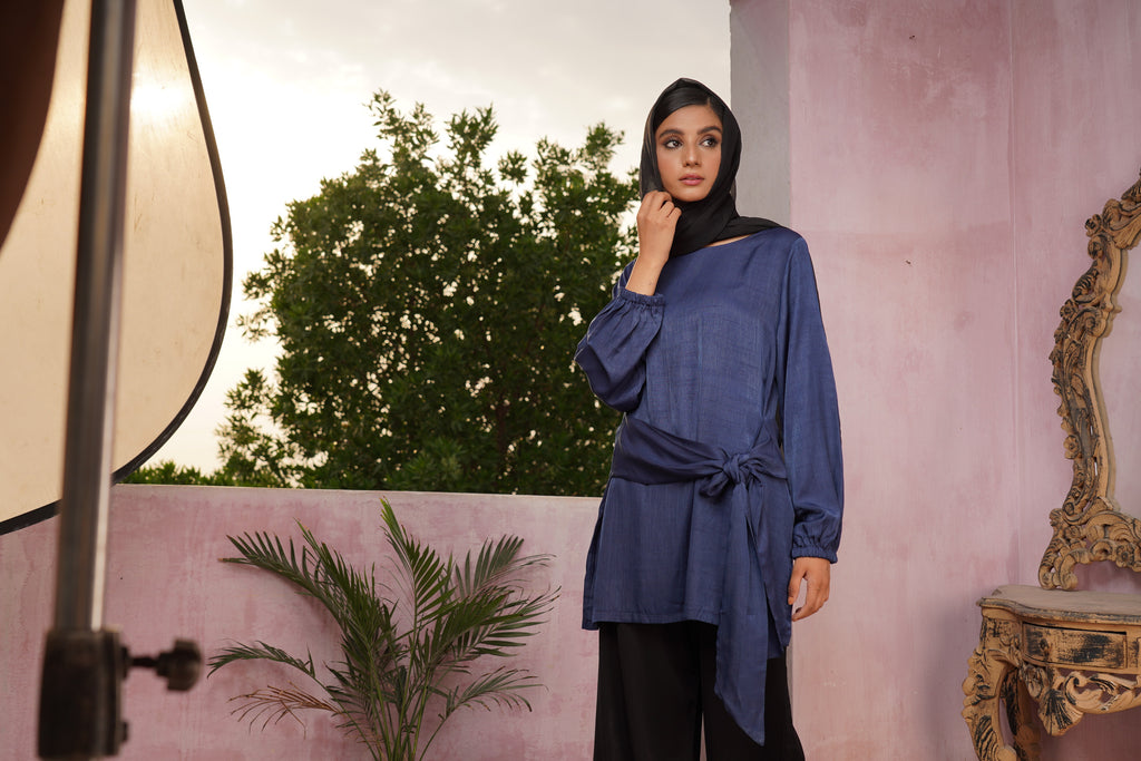 Elegant Sapphire Belted Tunic Dress