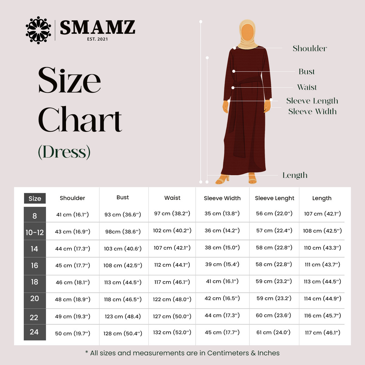 Mocha Elegance Dress — size chart