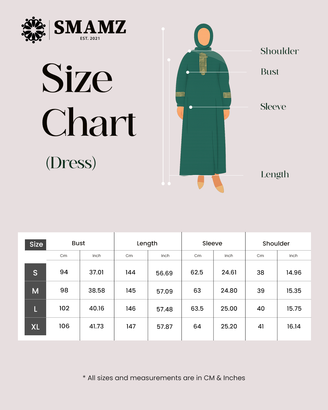 Emerald Grace Maxi Dress — size chart