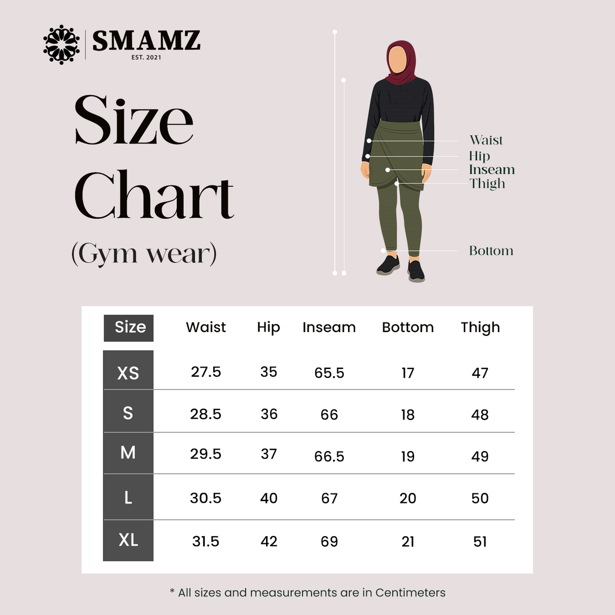 Modest Gym Skirt — size chart
