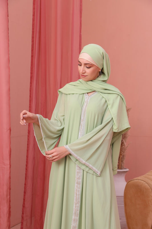 Miraje Green abaya, Ocassion Abaya,silver beads abaya,polyester abaya,smamz modest formal wear abaya