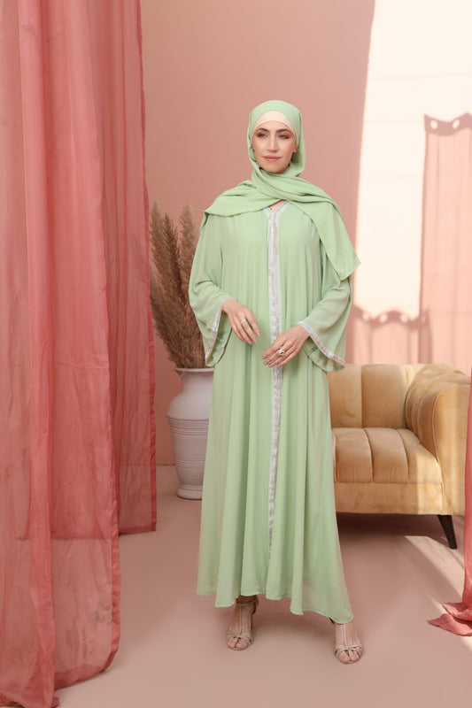 Miraje Green abaya, Ocassion Abaya,silver beads abaya,polyester abaya,smamz modest formal wear abaya