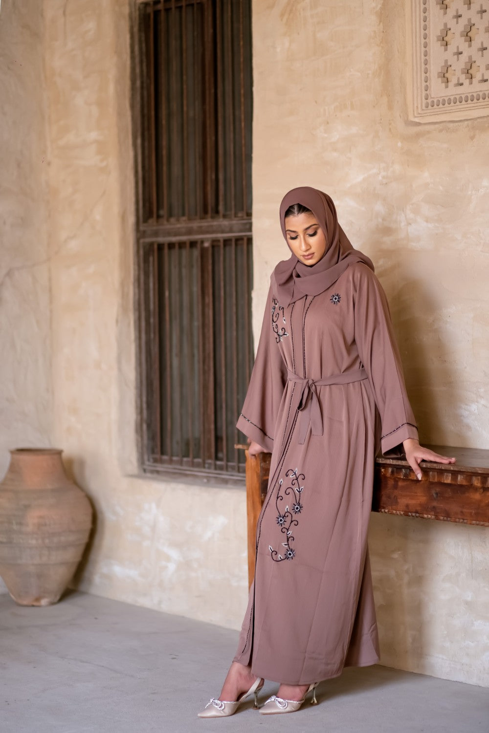 Mocha Beaded Open Abaya Size 52