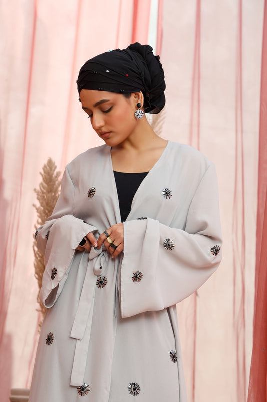 Mystic Grey abaya,Kimono Abaya,premium quality abaya,polyester abaya,long sleeves abaya,smamz kimono abaya,smamz modest formal wear
