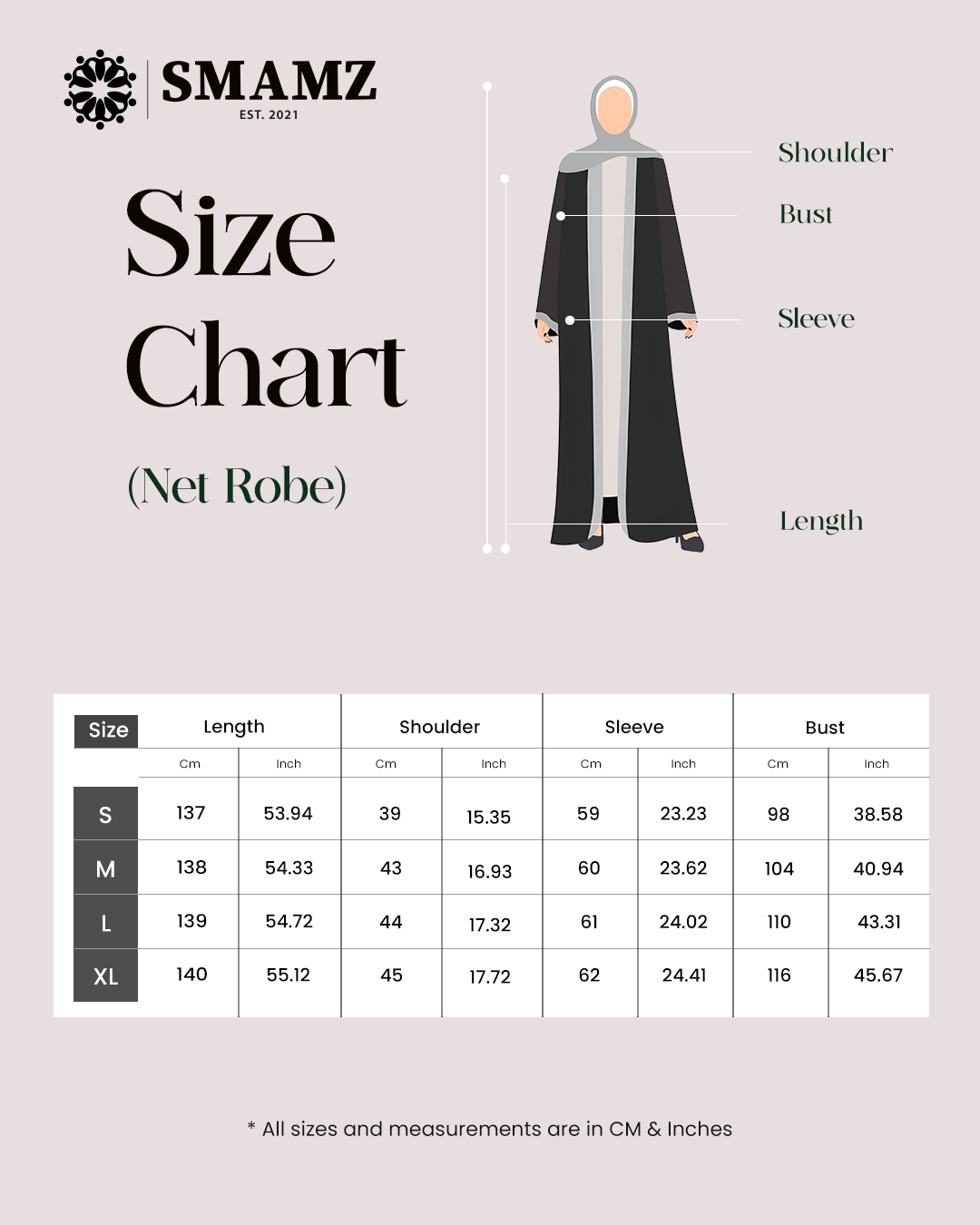 Noor Net Luxe Robe — size chart