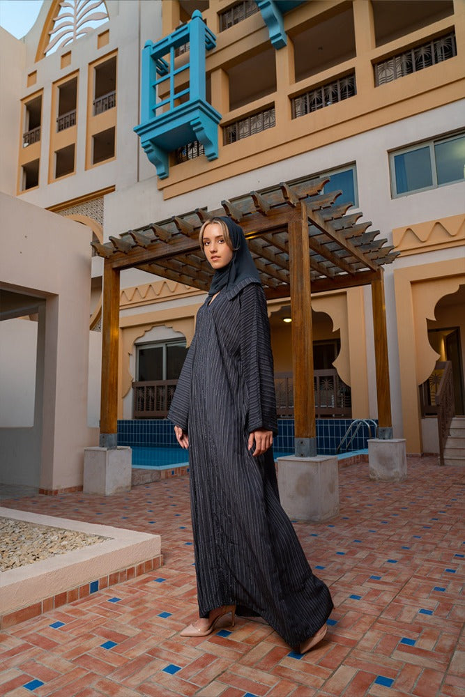 rawda deluxe abaya,open abaya,grey abaya,light weight abaya,black detailing abaya,smamz modest wear,smamz fashion abaya smamz closed abaya