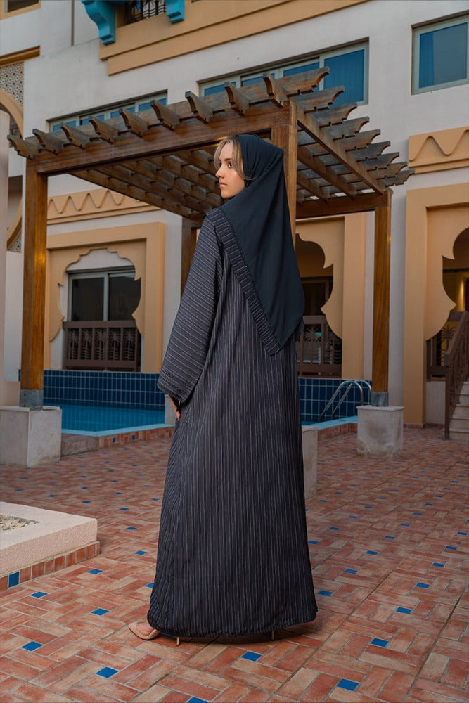 rawda deluxe abaya,open abaya,grey abaya,light weight abaya,black detailing abaya,smamz modest wear,smamz fashion abaya smamz closed abaya