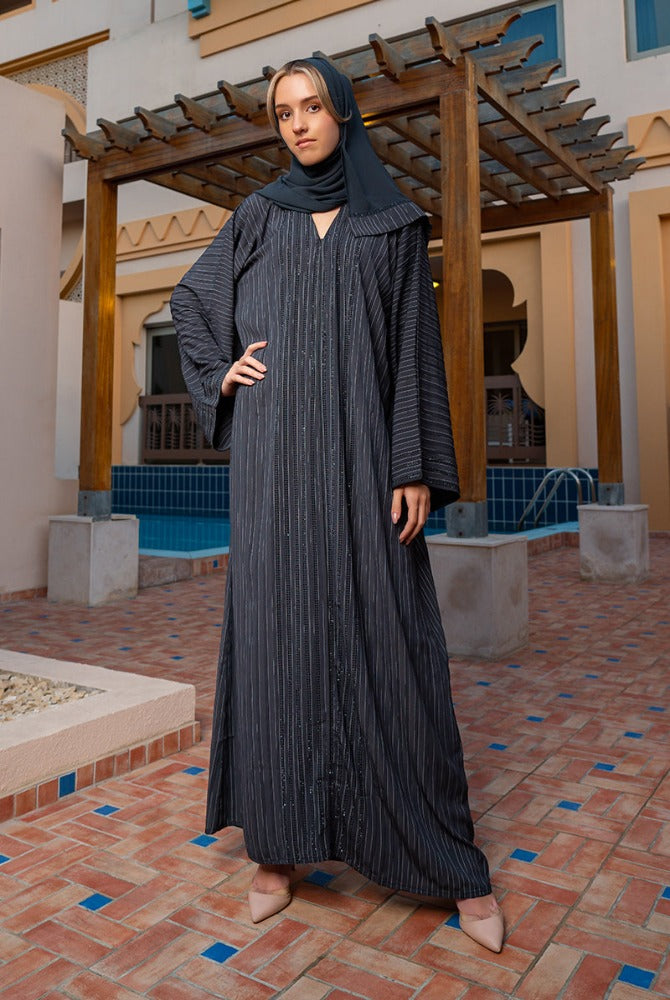 rawda deluxe abaya,open abaya,grey abaya,light weight abaya,black detailing abaya,smamz modest wear,smamz fashion abaya smamz closed abaya