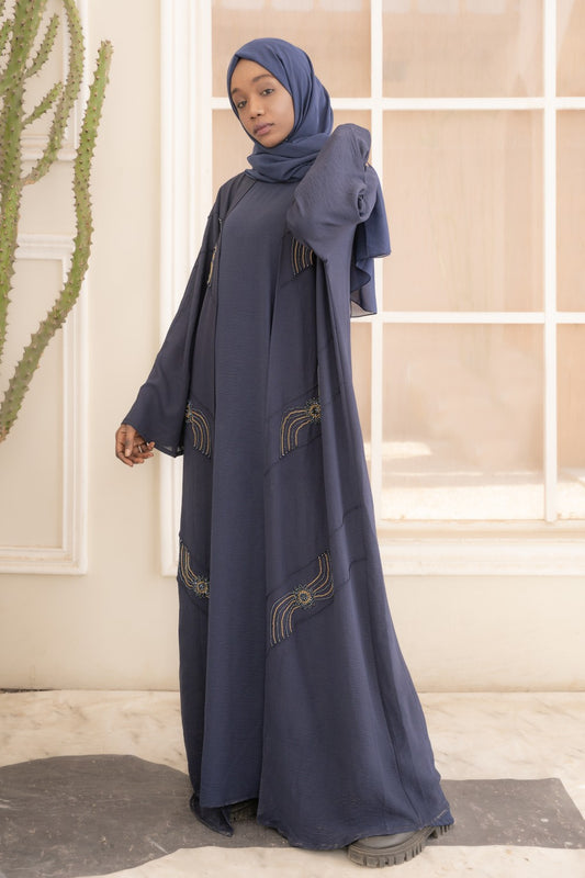 sapphire abaya,3 piece abaya,premium abaya,fashion abaya,blue abaya,smamz abayas