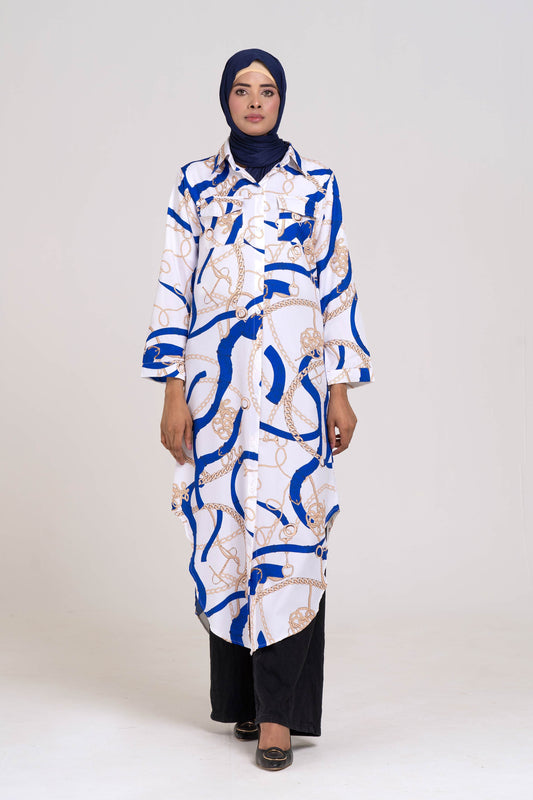 Signature Long Shirt Dress (White and blue)