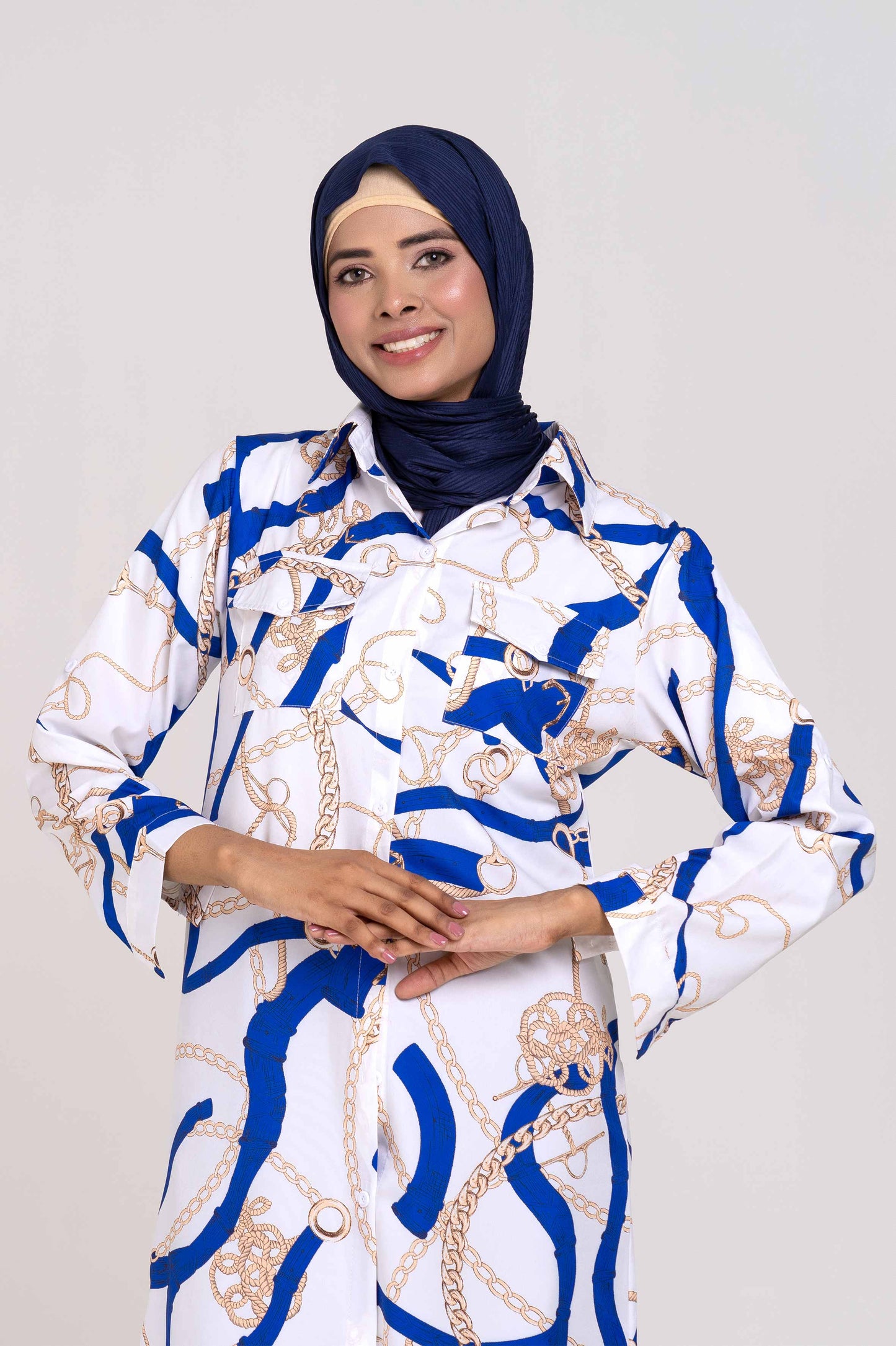 Signature Long Shirt Dress (White and blue)