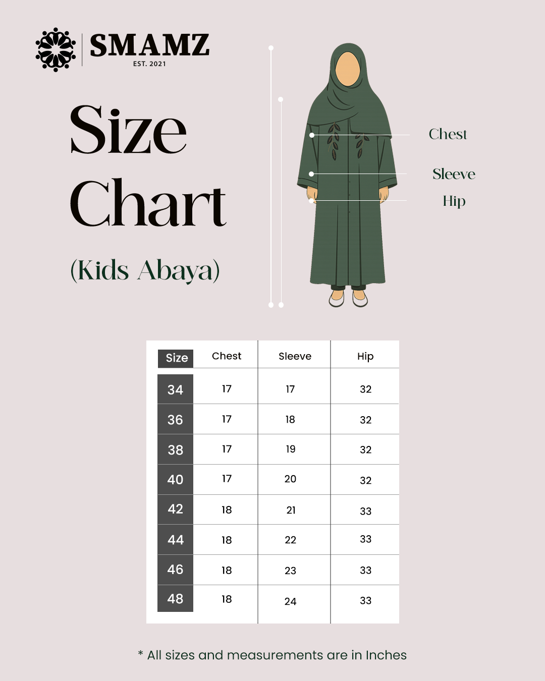 Serene Forest Girls Open Abaya — size chart