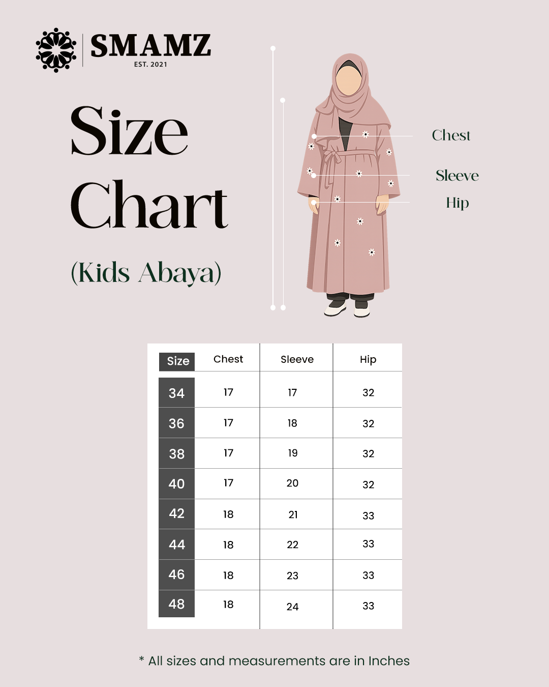 Petal Dust Kids Abaya — size chart
