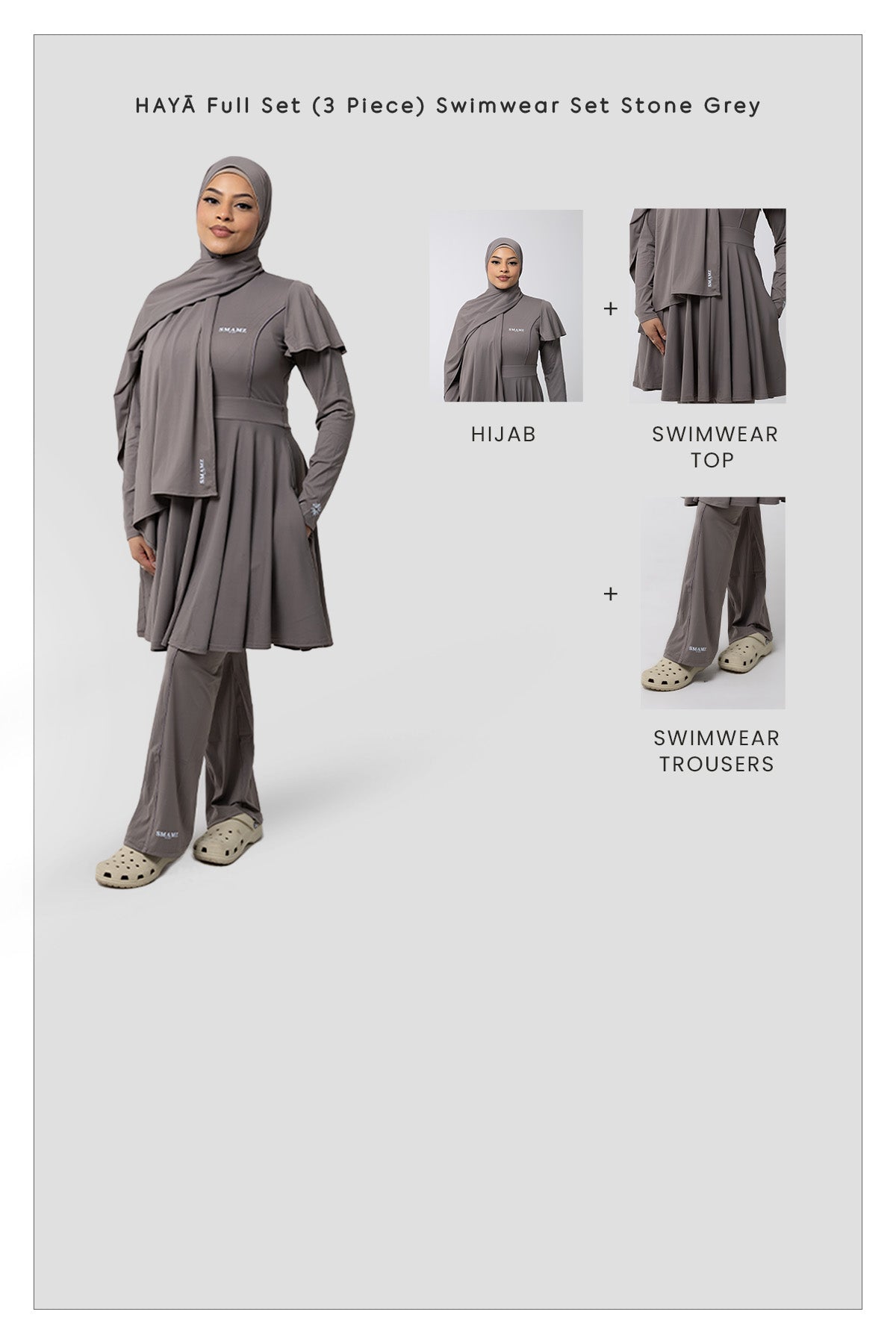 HAYĀ Full Set (3 Piece) Swimwear Set Stone Grey