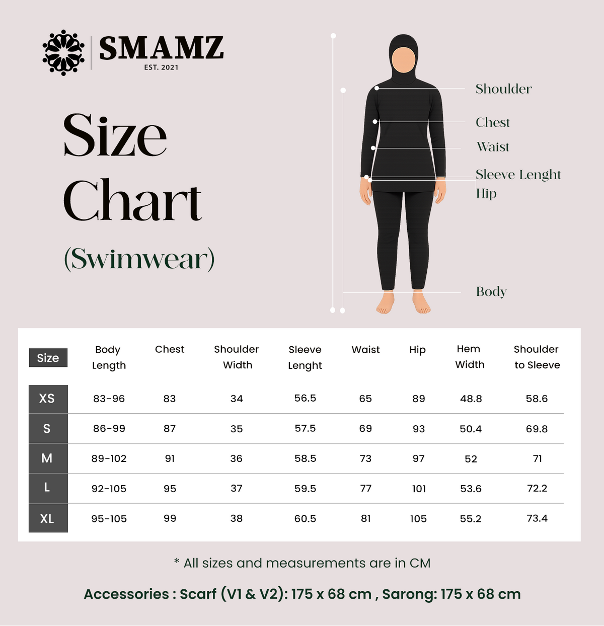 3-Piece Modest Swimwear Set — size chart