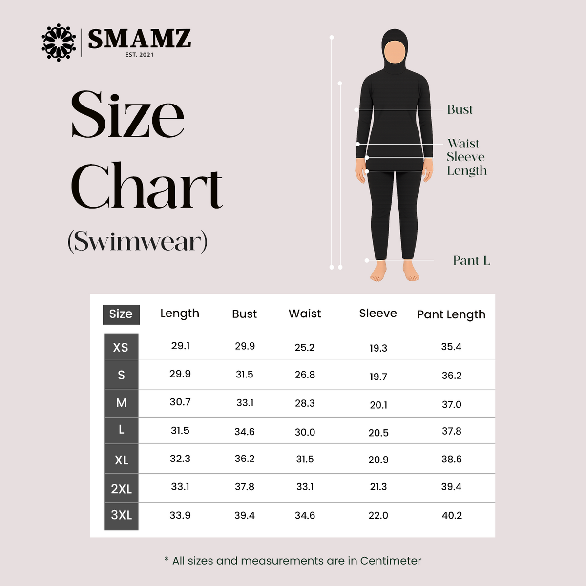 Ameera Modest Swimwear Set — size chart