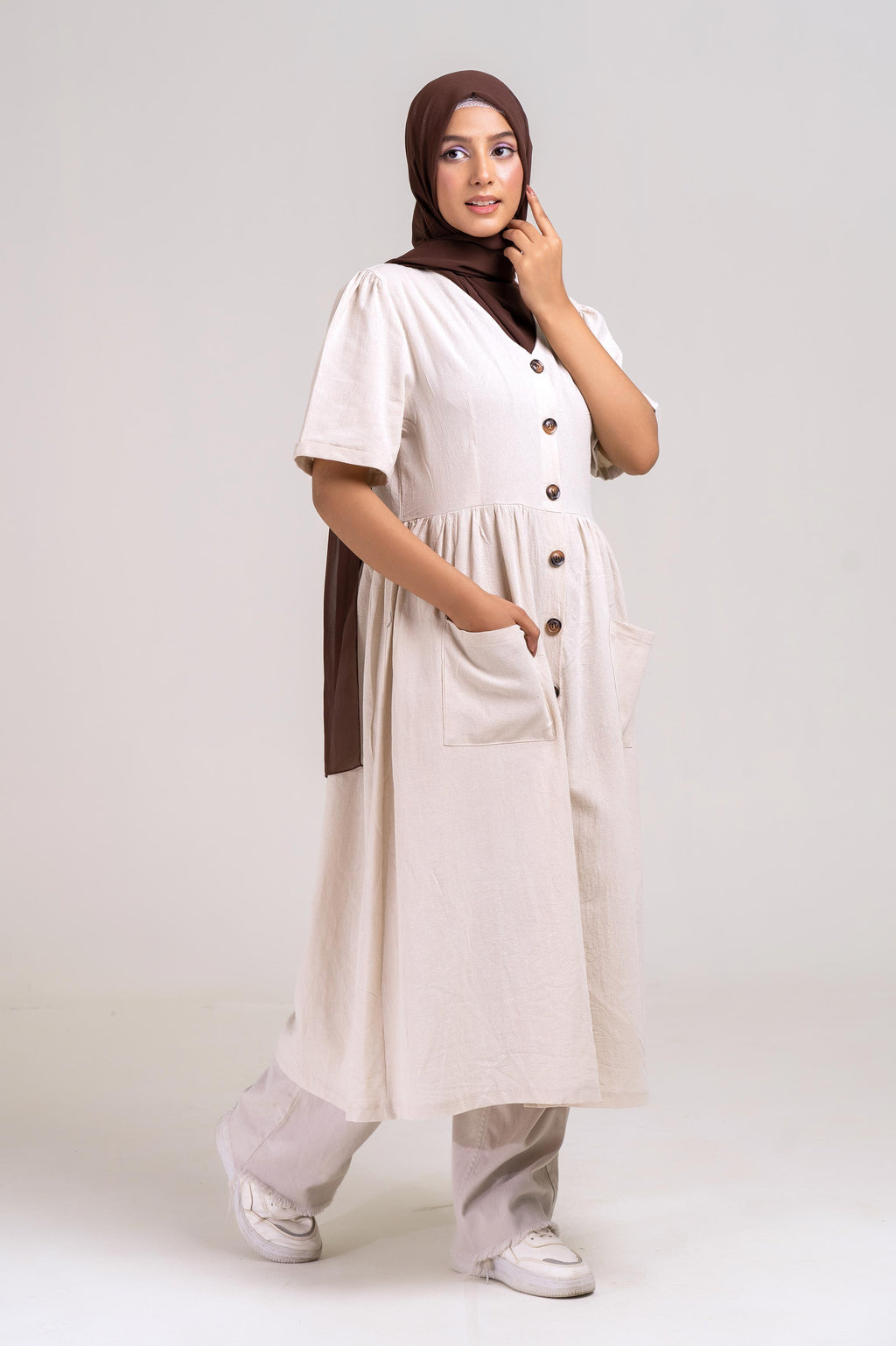 The Casual Button-Down Dress (Stone) Size S