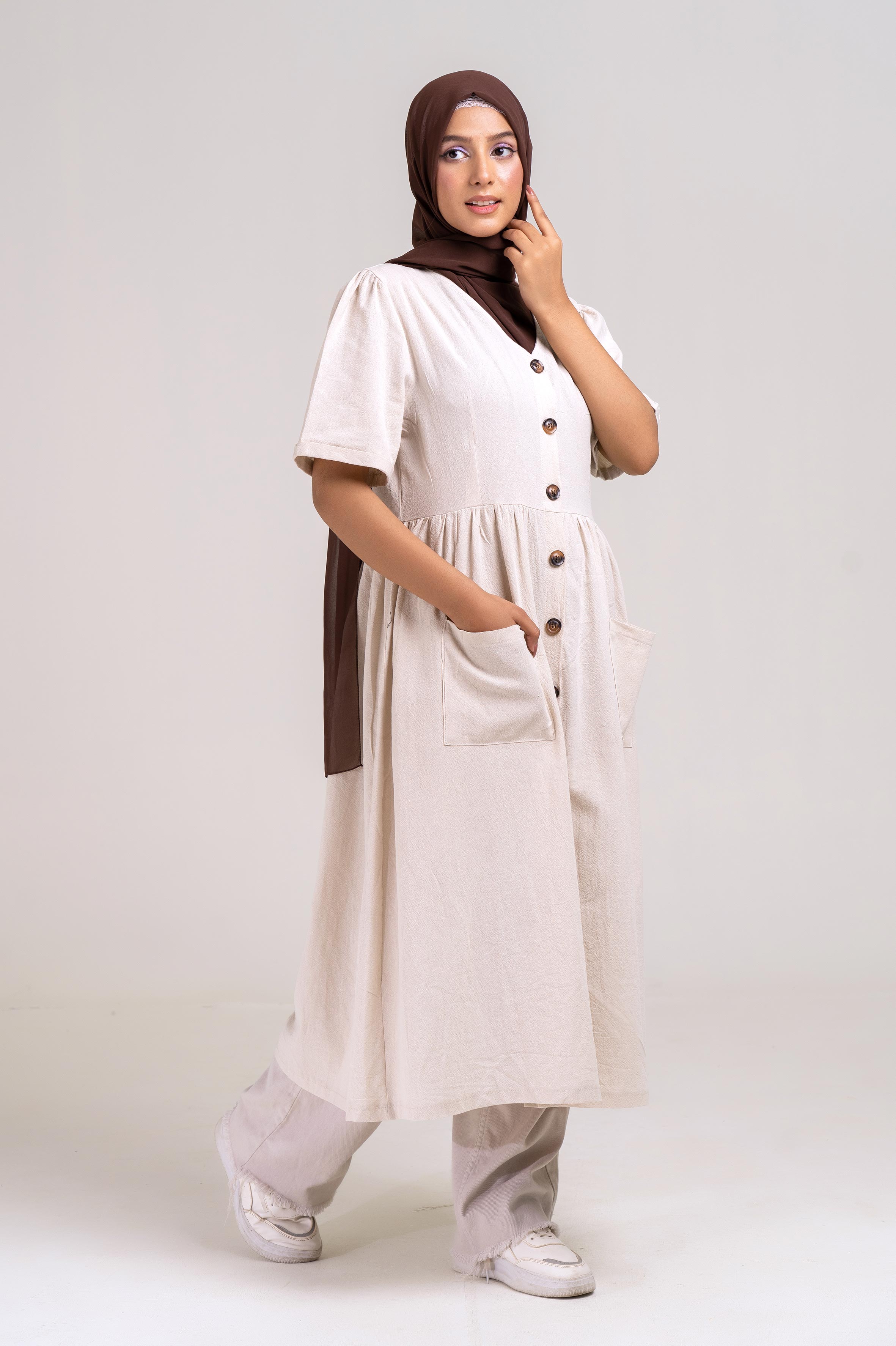 The Casual Button-Down Dress (Stone) Size S