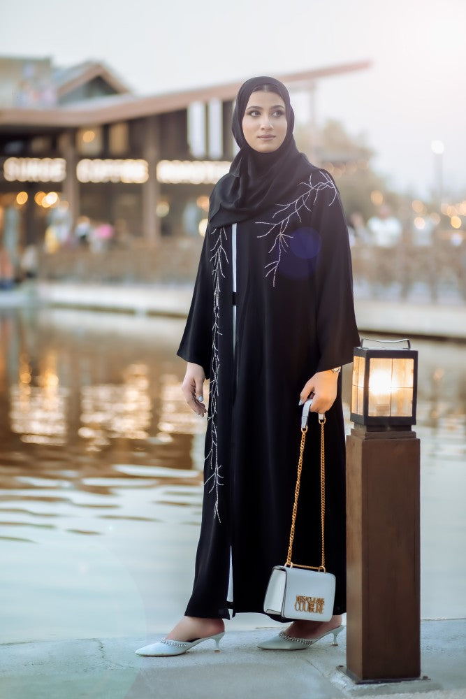 Timeless Threads Kimono Abaya, Kimono Abaya, outer abaya, three piece black , white abaya, inner short sleeve white dress, 3 piece abaya set