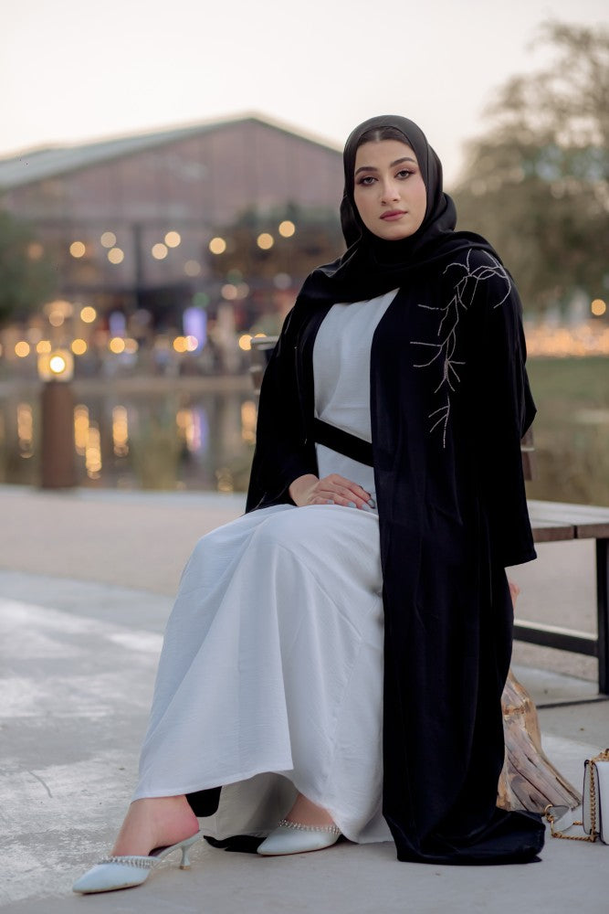 Timeless Threads Kimono Abaya, Kimono Abaya, outer abaya, three piece black , white abaya, inner short sleeve white dress, 3 piece abaya set