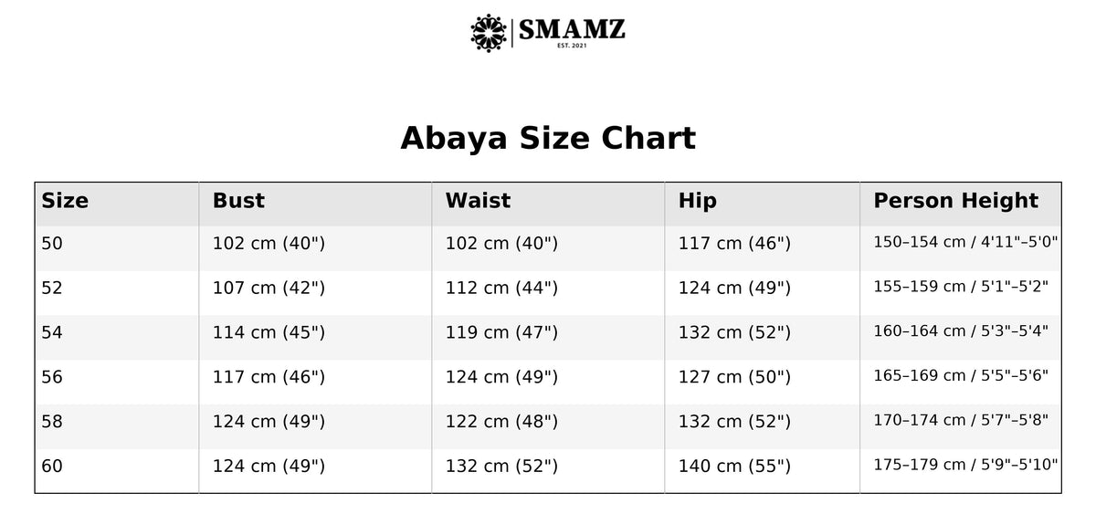 Black Closed Abaya With Pockets — size chart